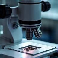 Technician inspecting a part under a microscope for quality control